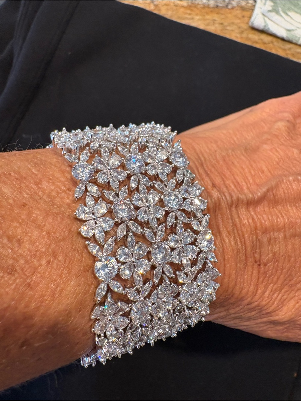Silver Floral Crystal Wide Bracelet - Elegant Women Jewelry